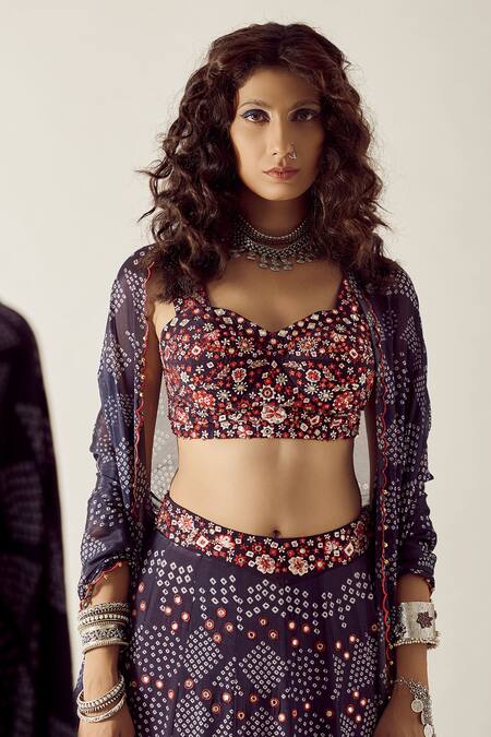 Amka Blue Crepe Mirror , Zari Sweetheart Neck Nargis Embroidered Lehenga Set at Aza Fashions Amka_Blue Crepe Mirror , Zari Sweetheart Neck Nargis Embroidered Lehenga Set _at_Aza_Fashions