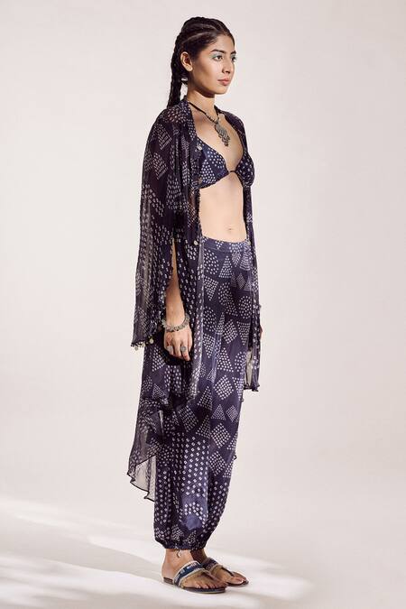 Amka Blue Crepe Azo Free Sustainable Ink Dye Bralette Rosemary Overlay Pant Set Online at Aza Fashions Amka_Blue Crepe Azo Free Sustainable Ink Dye Bralette Rosemary Overlay Pant Set _Online_at_Aza_Fashions