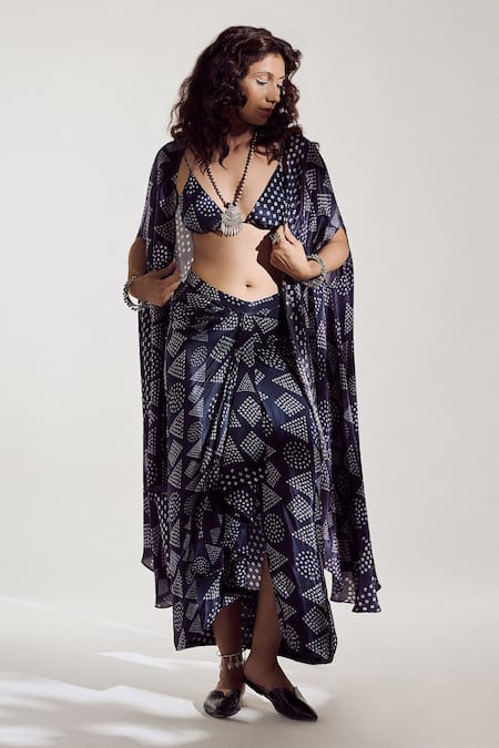 Amka Blue Crepe Azo Free Sustainable Ink Dye Bralette Turin Draped Skirt And Set