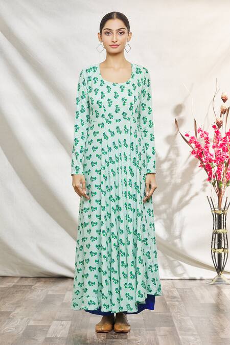 Adara Khan_Green Rayon, Chiffon Tassels Floral Print Anarkali Palazzo Set With Dupatta_Online_at_Aza_Fashions