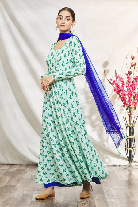 Buy_Adara Khan_Green Rayon, Chiffon Tassels Floral Print Anarkali Palazzo Set With Dupatta_Online_at_Aza_Fashions