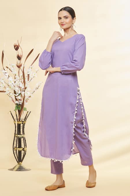 Adara Khan Purple Cotton V Neck Kurta Set