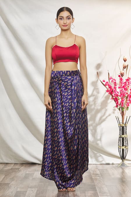 Naintara Bajaj_Red Silk, Net, Satin Gota Patti Round Printed Draped Skirt Blouse And Jacket Set _Online_at_Aza_Fashions