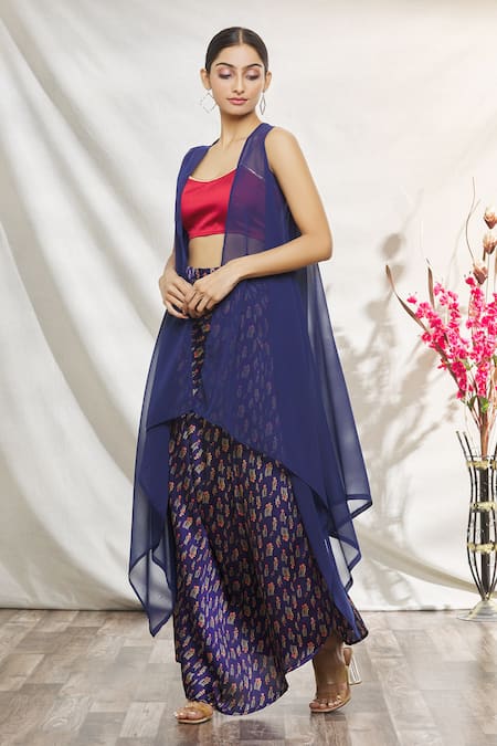 Buy_Naintara Bajaj_Red Silk, Net, Satin Gota Patti Round Printed Draped Skirt Blouse And Jacket Set _Online_at_Aza_Fashions