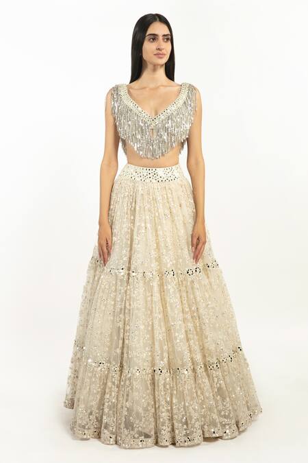Abhinav Mishra_Ivory Lehenga Net Mirror, Resham V Neck Embroidered And Fringe Blouse Set _Online_at_Aza_Fashions