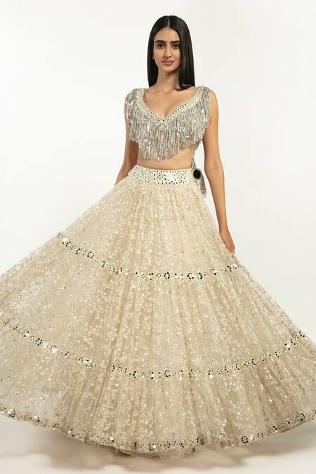 Buy_Abhinav Mishra_Ivory Lehenga Net Mirror, Resham V Neck Embroidered And Fringe Blouse Set _Online_at_Aza_Fashions