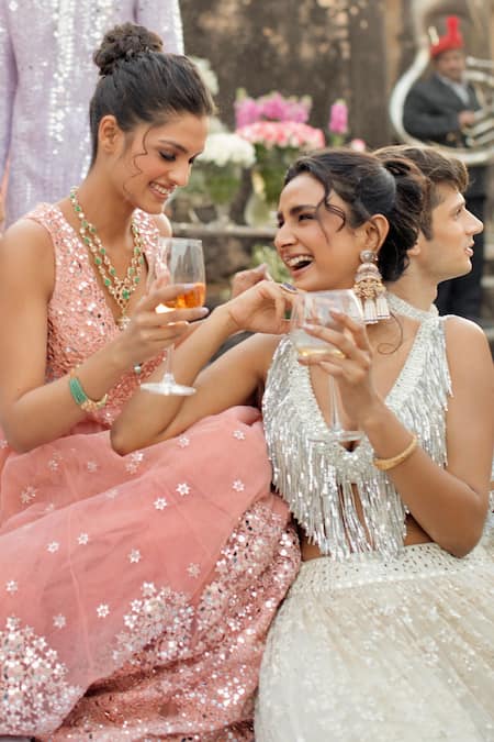 Shop_Abhinav Mishra_Ivory Lehenga Net Mirror, Resham V Neck Embroidered And Fringe Blouse Set _Online_at_Aza_Fashions