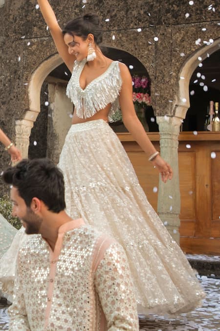 Abhinav Mishra_Ivory Lehenga Net Mirror, Resham V Neck Embroidered And Fringe Blouse Set _at_Aza_Fashions