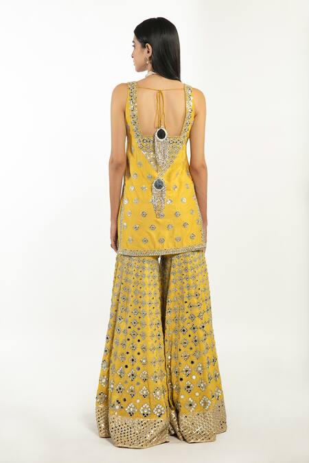 Shop_Abhinav Mishra_Yellow Kurta And Sharara Chanderi Embroidered Gota Scoop Neck Set_at_Aza_Fashions
