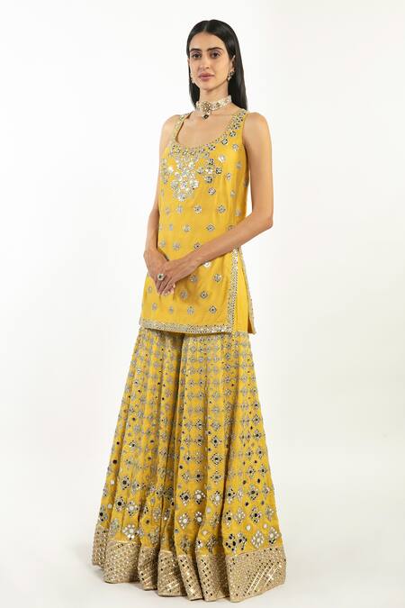 Abhinav Mishra_Yellow Kurta And Sharara Chanderi Embroidered Gota Scoop Neck Set_Online_at_Aza_Fashions