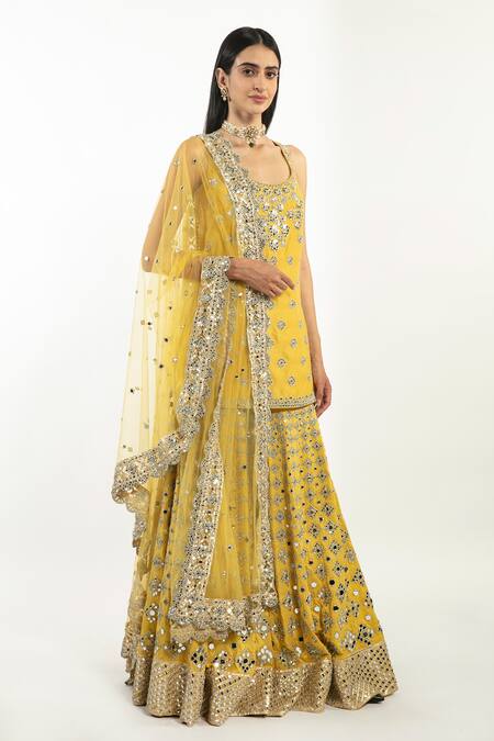 Buy_Abhinav Mishra_Yellow Kurta And Sharara Chanderi Embroidered Gota Scoop Neck Set_Online_at_Aza_Fashions