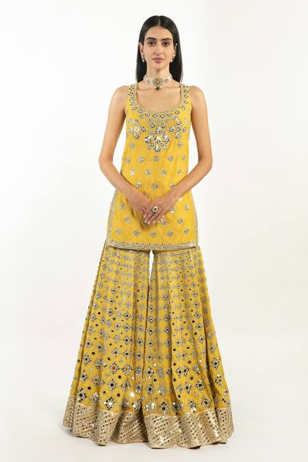 Shop_Abhinav Mishra_Yellow Kurta And Sharara Chanderi Embroidered Gota Scoop Neck Set_Online_at_Aza_Fashions