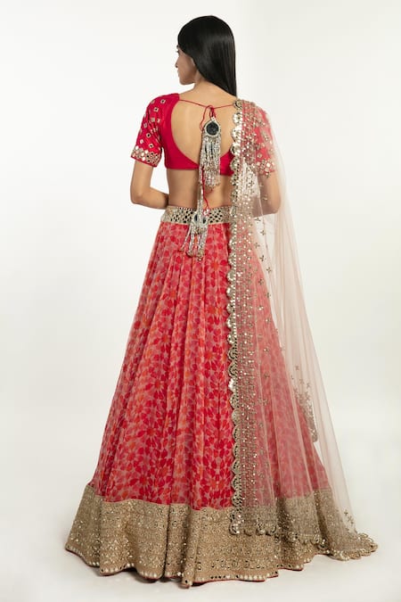 Shop Abhinav Mishra Pink Blouse-raw Silk, Dupatta- Net, Lehenga- Organza Floral Print Bridal Set at Aza Fashions Shop_Abhinav Mishra_Pink Blouse-raw Silk, Dupatta- Net, Lehenga- Organza Floral Print Bridal Set_at_Aza_Fashions