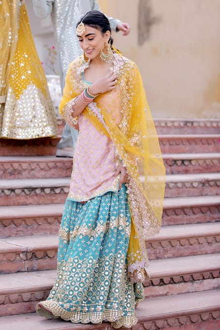 Abhinav Mishra Peach Kurta Raw Silk Embroidered Mirror And Resham Scoop Floral Sharara Set 