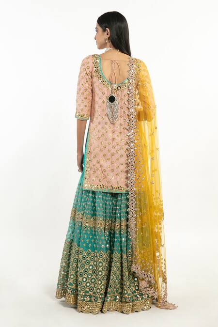 Shop Abhinav Mishra Peach Dupatta And Sharara Net, Kurta Raw Silk Mirror & Floral Embroidered Set at Aza Fashions Shop_Abhinav Mishra_Peach Dupatta And Sharara Net, Kurta Raw Silk Mirror & Floral Embroidered Set_at_Aza_Fashions