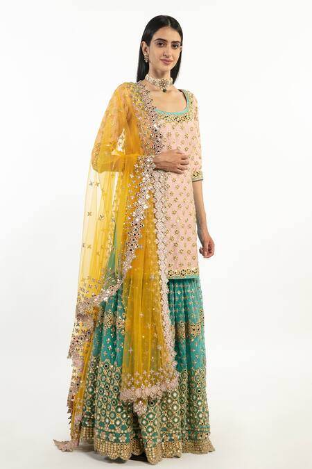 Abhinav Mishra Peach Dupatta And Sharara Net, Kurta Raw Silk Mirror & Floral Embroidered Set Online at Aza Fashions Abhinav Mishra_Peach Dupatta And Sharara Net, Kurta Raw Silk Mirror & Floral Embroidered Set_Online_at_Aza_Fashions