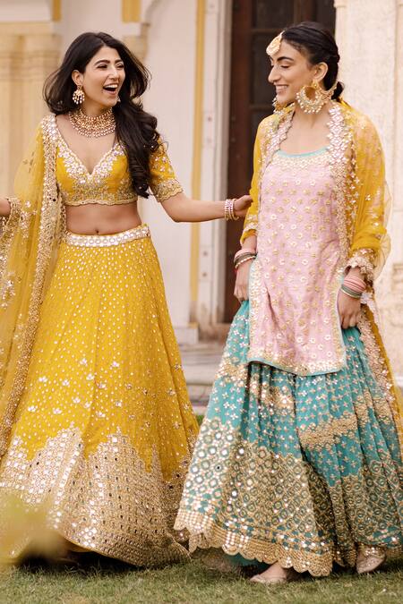 Buy Abhinav Mishra Peach Dupatta And Sharara Net, Kurta Raw Silk Mirror & Floral Embroidered Set Online at Aza Fashions Buy_Abhinav Mishra_Peach Dupatta And Sharara Net, Kurta Raw Silk Mirror & Floral Embroidered Set_Online_at_Aza_Fashions