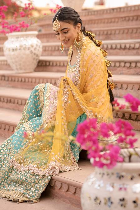 Shop Abhinav Mishra Peach Dupatta And Sharara Net, Kurta Raw Silk Mirror & Floral Embroidered Set Online at Aza Fashions Shop_Abhinav Mishra_Peach Dupatta And Sharara Net, Kurta Raw Silk Mirror & Floral Embroidered Set_Online_at_Aza_Fashions