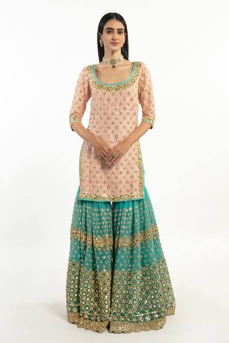 Abhinav Mishra Peach Dupatta And Sharara Net, Kurta Raw Silk Mirror & Floral Embroidered Set at Aza Fashions Abhinav Mishra_Peach Dupatta And Sharara Net, Kurta Raw Silk Mirror & Floral Embroidered Set_at_Aza_Fashions