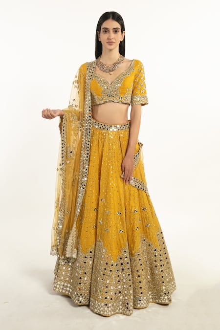 Abhinav Mishra_Yellow Dupatta Net, Lehenga And Blouse Chanderi Mirror & Embroidered Bridal Set_Online_at_Aza_Fashions