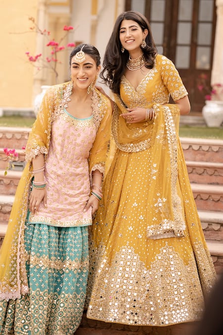 Buy_Abhinav Mishra_Yellow Dupatta Net, Lehenga And Blouse Chanderi Mirror & Embroidered Bridal Set_Online_at_Aza_Fashions