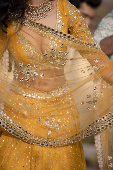 Abhinav Mishra_Yellow Dupatta Net, Lehenga And Blouse Chanderi Mirror & Embroidered Bridal Set_at_Aza_Fashions