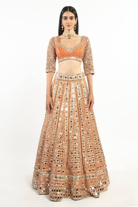 Abhinav Mishra_Ivory Blouse Raw Silk, Lehenga And Dupatta Net Geometric Embroidered Bridal Set_at_Aza_Fashions