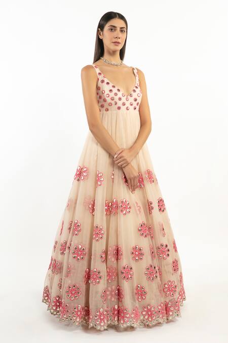 Abhinav Mishra_Pink Net Embroidered Resham Plunge V Neck Anarkali With Dupatta_Online_at_Aza_Fashions