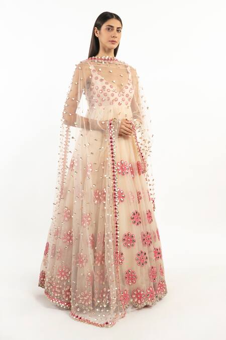 Buy_Abhinav Mishra_Pink Net Embroidered Resham Plunge V Neck Anarkali With Dupatta_Online_at_Aza_Fashions