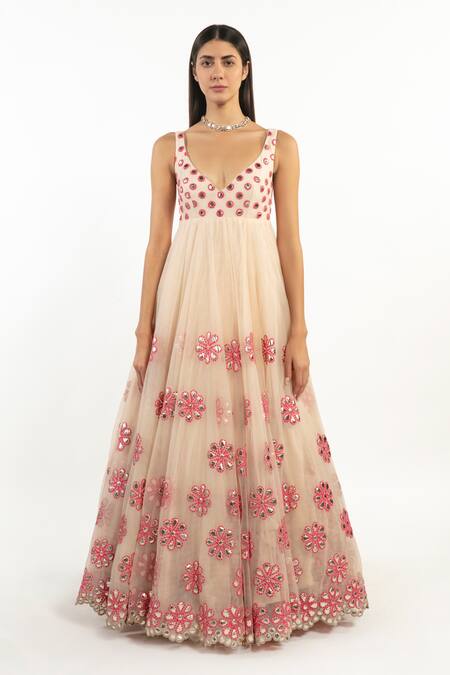 Shop_Abhinav Mishra_Pink Net Embroidered Resham Plunge V Neck Anarkali With Dupatta_Online_at_Aza_Fashions