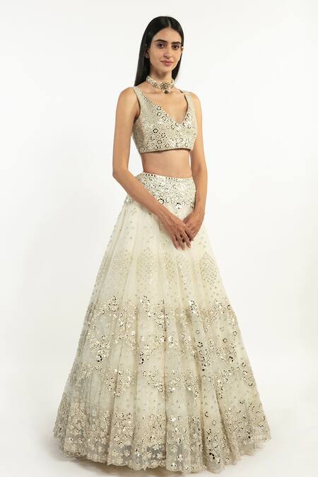 Buy_Abhinav Mishra_Ivory Net Mirror, Resham V Neck Floral Embroidered Bridal Lehenga Set_Online_at_Aza_Fashions