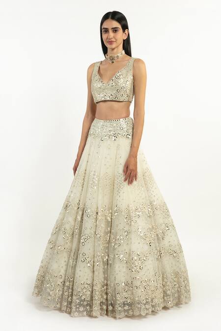 Shop_Abhinav Mishra_Ivory Net Mirror, Resham V Neck Floral Embroidered Bridal Lehenga Set_Online_at_Aza_Fashions
