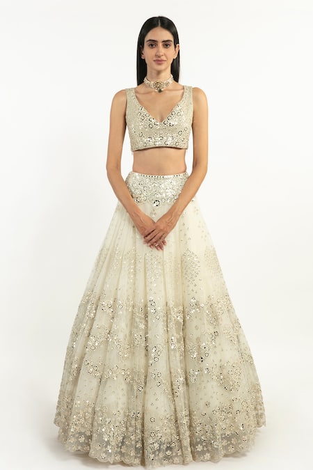 Abhinav Mishra_Ivory Net Mirror, Resham V Neck Floral Embroidered Bridal Lehenga Set_at_Aza_Fashions
