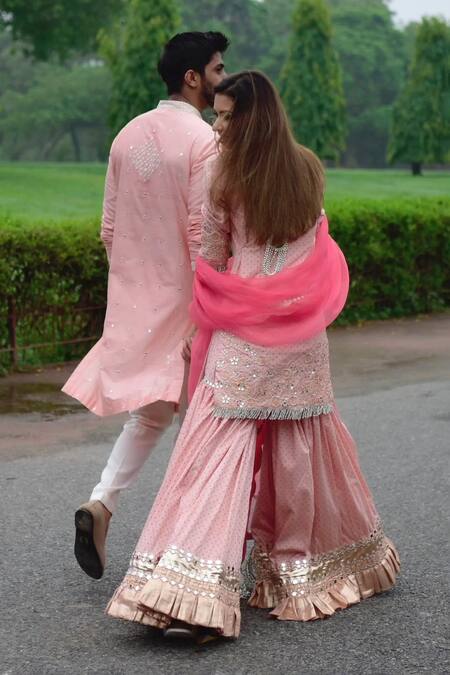 Shop Abhinav Mishra Pink Dupatta Net, Kurta And Sharara Chanderi Gota, Mirror, Embroidered Set at Aza Fashions Shop_Abhinav Mishra_Pink Dupatta Net, Kurta And Sharara Chanderi Gota, Mirror, Embroidered Set_at_Aza_Fashions