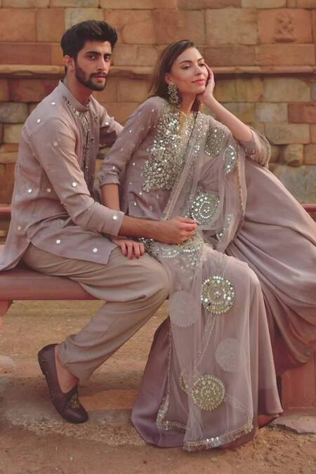 Shop Abhinav Mishra Purple Dupatta Net, Sharara Chanderi Mirror, Zari Round Embroidered Kurta Set at Aza Fashions Shop_Abhinav Mishra_Purple Dupatta Net, Sharara Chanderi Mirror, Zari Round Embroidered Kurta Set_at_Aza_Fashions