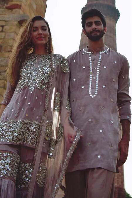 Abhinav Mishra Purple Dupatta Net, Sharara Chanderi Mirror, Zari Round Embroidered Kurta Set Online at Aza Fashions Abhinav Mishra_Purple Dupatta Net, Sharara Chanderi Mirror, Zari Round Embroidered Kurta Set_Online_at_Aza_Fashions