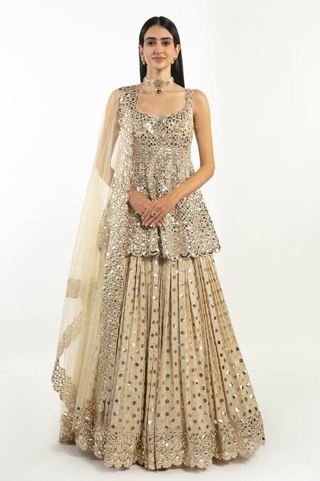 Abhinav Mishra_Beige Lehenga Monga, Peplum Top And Dupatta Net Mirror, Embroidered & Set_Online_at_Aza_Fashions