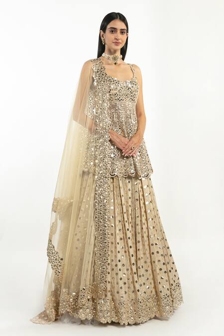 Buy_Abhinav Mishra_Beige Lehenga Monga, Peplum Top And Dupatta Net Mirror, Embroidered & Set_Online_at_Aza_Fashions