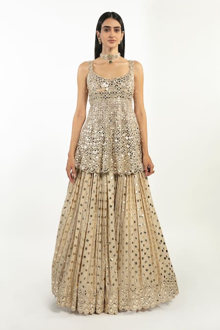 Shop_Abhinav Mishra_Beige Lehenga Monga, Peplum Top And Dupatta Net Mirror, Embroidered & Set_Online_at_Aza_Fashions