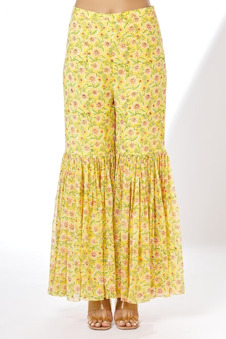 Kalakaari By Sagarika_Yellow Georgette Lining Crepe Floral Print, Open Front Shrug And Sharara Set_at_Aza_Fashions