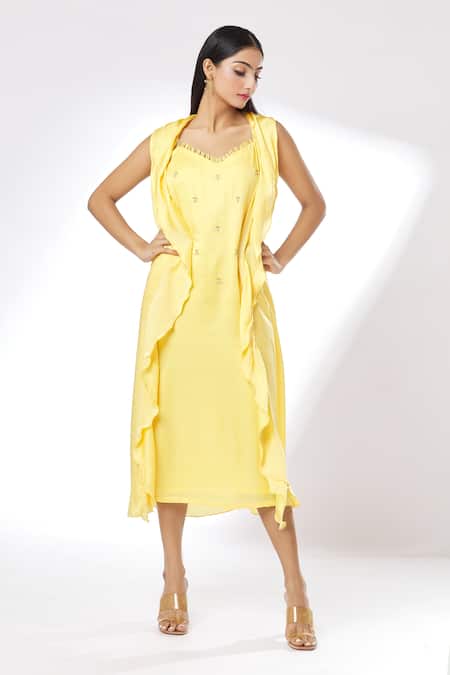 Kalakaari By Sagarika_Yellow Modal Silk Lining Crepe Thread Sweetheart Neck Ruffle Shrug With Dress_Online_at_Aza_Fashions