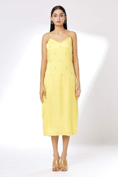 Buy_Kalakaari By Sagarika_Yellow Modal Silk Lining Crepe Thread Sweetheart Neck Ruffle Shrug With Dress_Online_at_Aza_Fashions