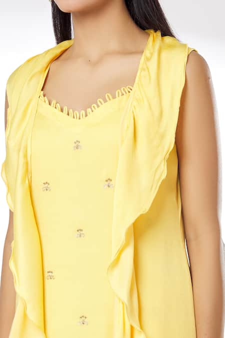 Kalakaari By Sagarika_Yellow Modal Silk Lining Crepe Thread Sweetheart Neck Ruffle Shrug With Dress_at_Aza_Fashions
