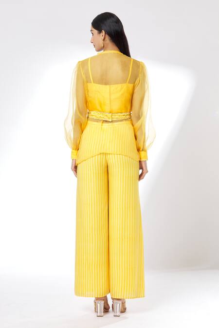 Buy Yellow Organza Print And Embroidery Stripe Sheer Jacket Pant