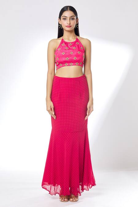 Buy_Kalakaari By Sagarika_Maroon Silk And Georgette Lining Crepe Checkered Print Lehenga Saree With Blouse _Online_at_Aza_Fashions