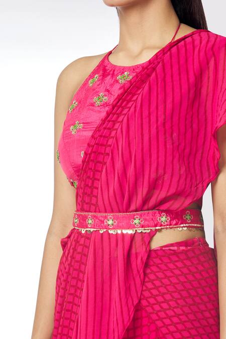 Shop_Kalakaari By Sagarika_Maroon Silk And Georgette Lining Crepe Checkered Print Lehenga Saree With Blouse _Online_at_Aza_Fashions