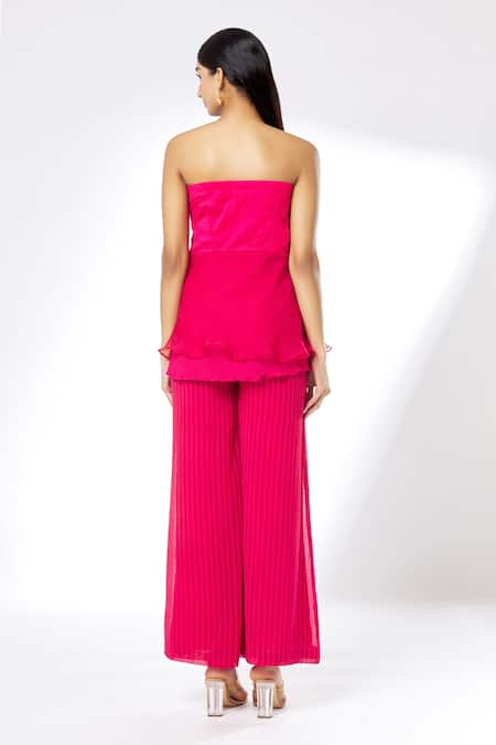 Shop Kalakaari By Sagarika Maroon Silk Organza And Georgette Lining Embroidered Tube Top & Flared Pant Set at Aza Fashions Shop_Kalakaari By Sagarika_Maroon Silk Organza And Georgette Lining Embroidered Tube Top & Flared Pant Set_at_Aza_Fashions