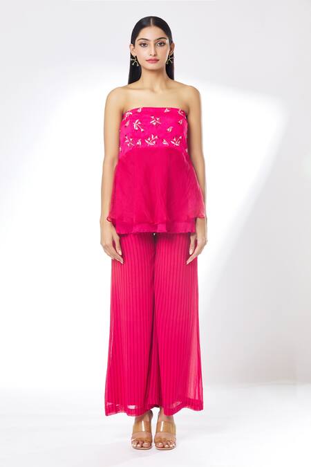 Buy Kalakaari By Sagarika Maroon Silk Organza And Georgette Lining Embroidered Tube Top & Flared Pant Set Online at Aza Fashions Buy_Kalakaari By Sagarika_Maroon Silk Organza And Georgette Lining Embroidered Tube Top & Flared Pant Set_Online_at_Aza_Fashions