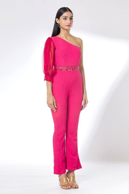 Kalakaari By Sagarika_Maroon Crepe One Shoulder Jumpsuit _Online_at_Aza_Fashions