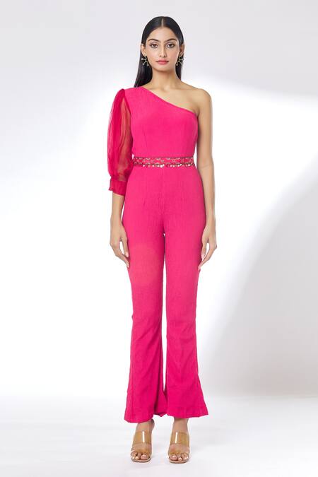 Buy_Kalakaari By Sagarika_Maroon Crepe One Shoulder Jumpsuit _Online_at_Aza_Fashions